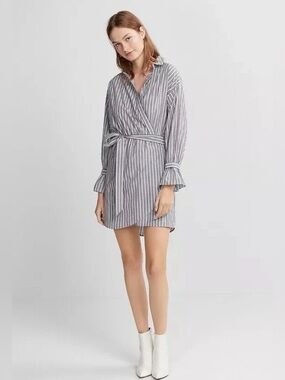 Express Gray and White Striped Long Sleeve Wrap Shirt Dress
